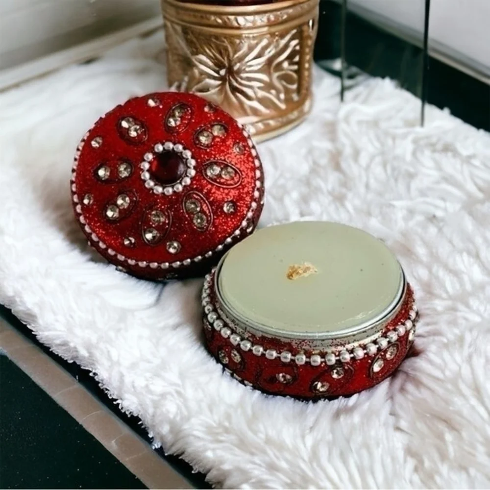 Handmade Rhinestone Beaded Travel Tea Light Candle Holder Tin Box 1.75 Red New